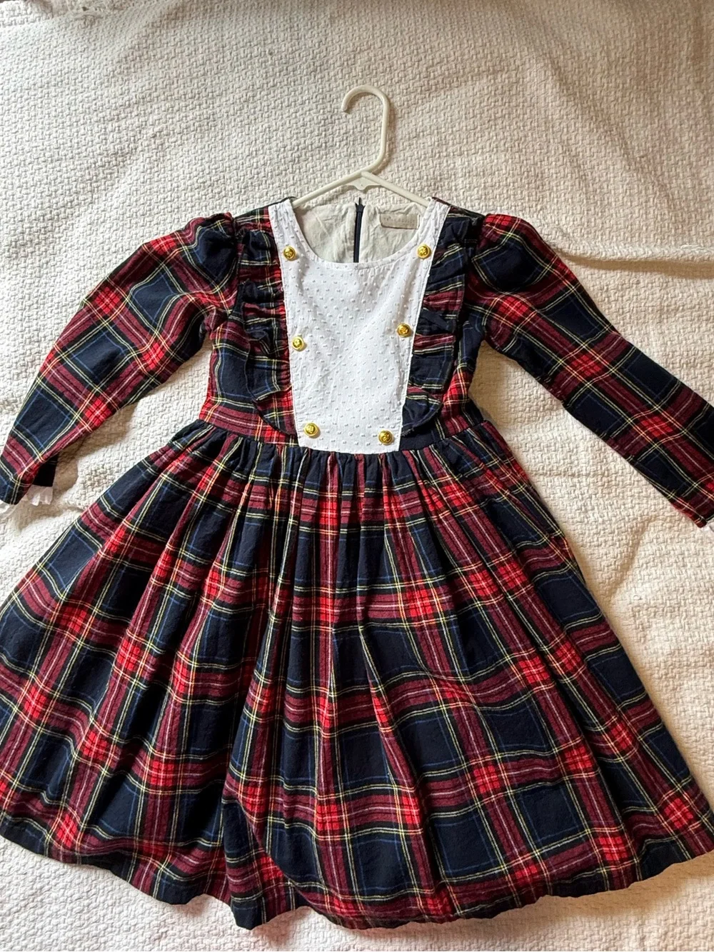 Girls Navy and Red Plaid Formal Dress with White Bib and Gold Buttons